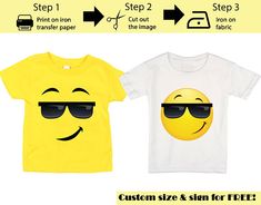 two t - shirts with sunglasses on them, one is yellow and the other is white