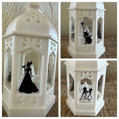 three different views of a white lantern with black silhouettes