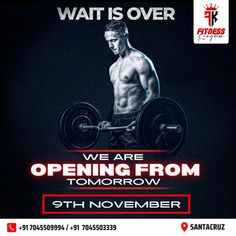 The wait is over, Thank you all for your patience. 
 
We are opening from tomorrow 9 November. Come, workout with us and see the best results!
 
For more details
Contact Us - 7045503339 / 7045509994
. Gym Opening Poster, 9 November, Bodybuilding Motivation, Gym Fitness, Insta Fits, Fitness Workout