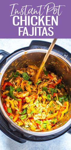 the instant pot chicken fajitas is being cooked in an electric pressure cooker