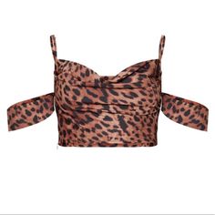 Tan Satin Leopard Print Bardot Strappy Crop Top Pretty Little Thing Us Size 10 Never Worn. A Leopard Print Satin Material With A Bardot Strappy Neckline And A Zip Fastening. Open To Trades And Offers! Brown Crop Top For Night Out, Chic Brown Tops With Built-in Bra, Brown Cropped Party Top, Trendy Leopard Print Summer Crop Top, Leopard Print Spaghetti Strap Summer Top, Cheetah Print Crop Top, Fitted Leopard Print Sleeveless Crop Top, Leopard Print Top With Built-in Bra For Night Out, Strappy Crop Top