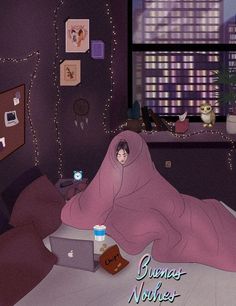 a woman wrapped up in a blanket on top of a bed next to a laptop computer