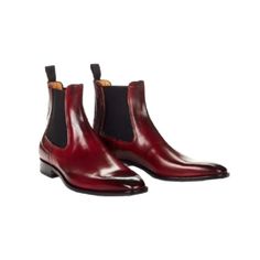 New Trendy Custom made Handmade Men's Maroon Leather Ankle High Chelsea Formal Dress Boots Description: We are very professional in our manufacturing Products. Our Team includes Five Levels of Experts; 1. Frame maker 2. Upper Designer 3. Upper Maker 4. Sole Maker 5. Color Master Our 90% work is Handmade and 10% is Machine Work. We covers all categories of Shoes Styles including Glued or Semantic style, Blake stitched style, Good year Welted style, Double Welted Sole & Triple Welted styles. Our S Fitted Snip Toe Chelsea Boots For Business, Winter Chelsea Boots With Snip Toe, Formal Chelsea Boots With Snip Toe, Formal Fitted Chelsea Boots With Snip Toe, Formal Snip Toe Fitted Chelsea Boots, Fitted Snip Toe Chelsea Boots For Formal Occasions, Fitted Round Toe Chelsea Boots For Galas, Maroon Leather, Dress Boots