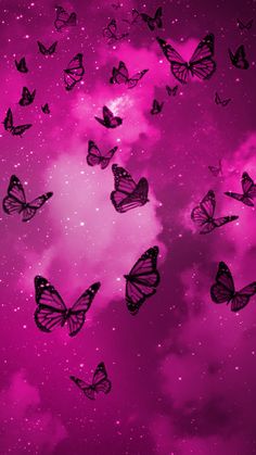 many butterflies flying in the sky with stars and clouds behind them on a purple background