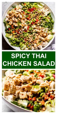 two pictures with the words spicy thai chicken salad in green and white letters on them