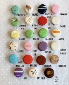 a bunch of different types of macarons on a table