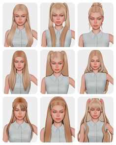 many different images of a blonde haired woman with long hair and ponytails, all in various