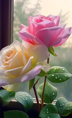 two pink and yellow roses sitting next to each other on top of a window sill