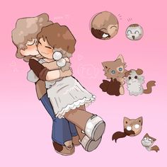 two people hugging each other in front of some cats and kittens on a pink background