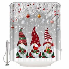 christmas gnomes shower curtain with snowflakes and baubies on the background