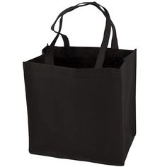 a black shopping bag is shown on a white background, with the handles folded down