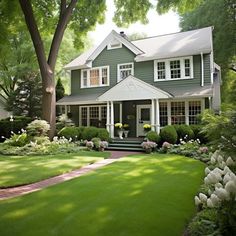 a large green house with white trim and flowers in the front yard on a sunny day