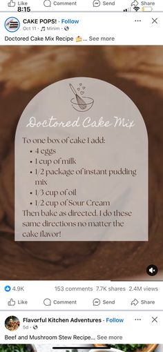 an image of a recipe for baked cake mix on the app store's facebook page