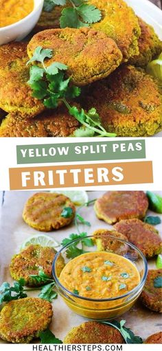 yellow split pea fritters with dipping sauce in the middle and green garnish