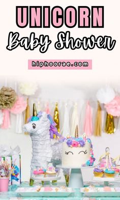 an unicorn baby shower party with pink and gold decorations