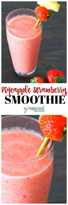 pineapple strawberry smoothie in two glasses with strawberries on the top and bottom