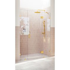 a walk in shower sitting next to a white tiled wall with gold fixtures on it