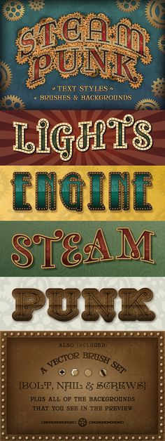 Steam Punk Text Styles + Brushes & Backgrounds #vector #illustrator #ai Download: http://graphicriver.net/item/steam-punk-text-styles-brushes-backgrounds/12054034?ref=ksioks Steampunk Typography, Punk Background, Steampunk Circus, Steampunk Character, Backgrounds Vintage, Steampunk Fantasy, Circus Circus, Punk Poster, Brush Background