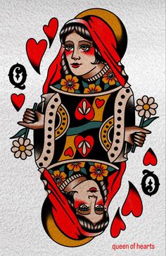 the queen of hearts playing card is shown in red and yellow with flowers on it