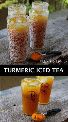 three glasses filled with iced tea sitting on top of a wooden table