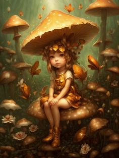 Introducing our delightful Fungi Fairies, a part of the Enchanted Garden Guardians series - a unique and captivating collection of magical creatures who protect, nurture, and bring life to the mystical realms of flora and fauna. This high-quality print showcases an adorable Fungi Fairy, a delightful hybrid of fairy and mushrooms that's sure to bring a touch of whimsy and wonder to your home. Each Fungi Fairy in our collection features a distinctive mushroom cap hat and designs inspired by variou Fairy On Mushroom, Mushrooms Fairy, Enchanted Fairy, Fairy Illustration, Mushroom Fairy, Dreamy Artwork, Painting People, Mushroom Art, Enchanted Garden