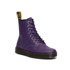 Dr. Martens-Zavala Bootie - Women's Step out fashionable in the Zavala bootie from Dr. Martens. The lace-up boot features contrast stitches and an Air Wair heel loop, reflecting an impressive signature style. A lightly padded insole offers reliable comfort all day. Click here for Boot Measuring Guide. Dark Purple Shoes, Purple Platform Shoes, Purple Doc Martens, Emo Shoes, Purple Clothes, Shoes Wishlist, Royal Au, Dr Martens Outfit, Oc Reference