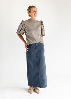 A tried and true modest maxi skirt just for you! An Inherit Design, the Stella Navy Denim Maxi Skirt is a customer favorite we know you'll love. Now available in this beautiful warm mauve hue, this skirt is a wardrobe staple and one of our best sellers! The long denim is accented by a silver button with the Inherit Ba Versatile Relaxed Maxi Skirt For Fall, Versatile Relaxed Fit Maxi Skirt For Fall, Modest Fall Maxi Skirt, Modest Stretch Maxi Skirt, Modest Fitted Fall Skirt, Modest Fitted Skirt For Fall, Fitted Modest Skirt For Fall, Chic Full-length Denim Skirt For Fall, Chic Full Length Denim Skirt For Fall