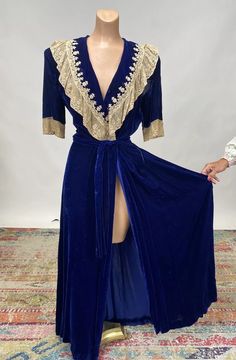 1930s Vintage Henri Bendel Cobalt Blue Silk Velvet Lace Trim Dressing Gown Robe | eBay 1930s Dressing Gown, Edwardian Dressing Gown, 1912 Dress, 1930s Evening Dress, Vintage Dressing Gown, 1930 Dress, 1930s Gown, Vintage Fashion 1930s, 1920s Dresses