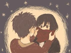 two people with their backs to each other, one is wearing a red scarf and the other has black hair