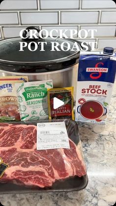 the ingredients for crockpot pot roast are displayed in front of an instant pressure cooker