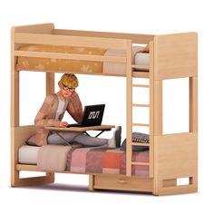 a wooden bunk bed with a woman sitting on it using a laptop computer and holding a mouse