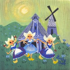 a painting of three women dancing in front of a windmill