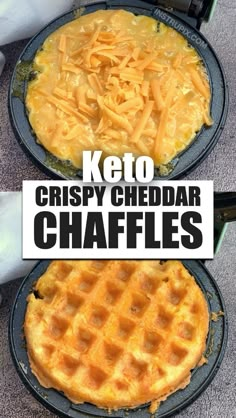 two waffles with cheddar cheese on top and the words crispy cheddar in front