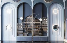 an image of a store front with clocks on the wall and in the background is a marble floor