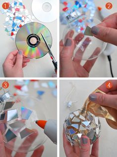 DIY: Mosaic Ornaments from CDs  I bet they would reflect the tree lights wonderfully Jul Diy, Desain Quilling, Clear Ornaments, Diy Craft Tutorials, Mosaic Diy, Noel Christmas, Diy Projects To Try, Ornaments Diy, Diy Christmas Ornaments