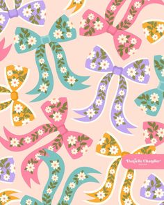 a pink background with colorful bows and flowers