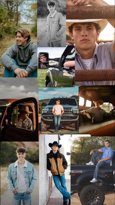 a collage of photos with men in hats, jeans and jackets on it's side