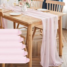 the table is set with pink napkins and plates