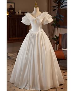 Get 10% off now! Buy vneck lace neckline ballgown wedding dress with bubble sleeves at wholesale price online. Free shipping and pro custom service since 2009. Luxury Cream Princess Dress, Poof At Waist Wedding Dress, Labyrinth Dress, Cocktail Dress For Teens, 8th Grade Prom Dresses, Dream Daughter, Delicate Gown, Ballgown Wedding Dress, Carnival Dress