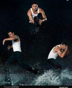 three men in white shirts and black pants are jumping into the water with their hands on their hipss