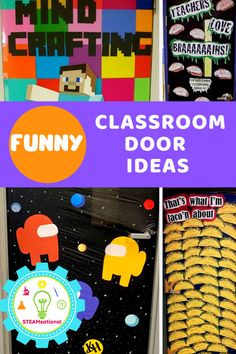 classroom door decorating ideas for kids with text overlay that reads, funny classroom door ideas