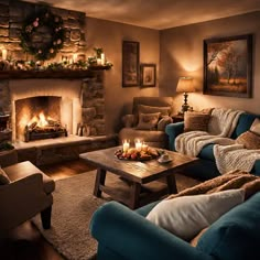 a living room filled with furniture and a fire place in the middle of the room