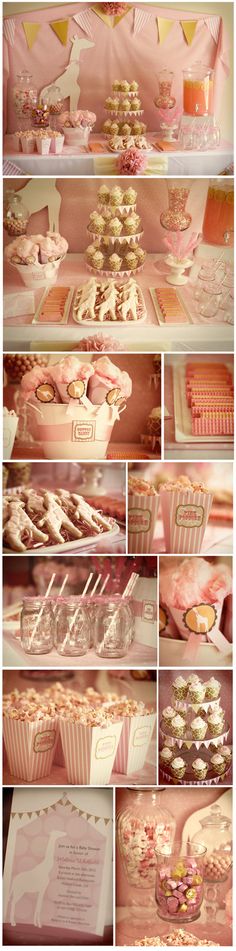 pink and white desserts are displayed on shelves in this photo collage, including cupcakes