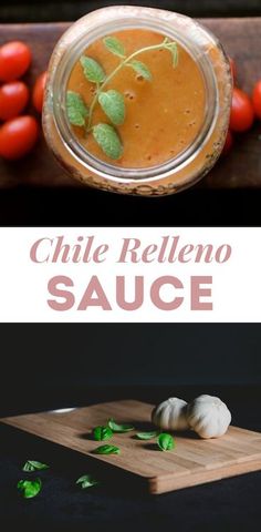 the recipe for grilled tomato sauce is in a glass bowl and on a cutting board