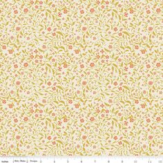 a white and yellow floral pattern with orange flowers on the bottom half of the image