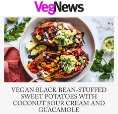 vegan black bean stuffed sweet potatoes with coconut sour cream and guacamole