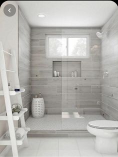 a white toilet sitting in a bathroom next to a shower and sink with a ladder