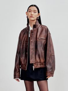 Composition : Cowhide 100%Country of Origin : Republic of Korea Distressed Brown Outerwear For Fall Streetwear, Brown Leather Outerwear For Streetwear, Luxury Brown Leather Jacket For Fall, Vintage Brown Fall Streetwear Outerwear, Vintage Brown Fall Outerwear For Streetwear, Classic Brown Biker Jacket For Streetwear, Bomber Jacket, Composition, Jackets & Coats