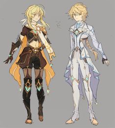 two female characters in different outfits, one with blonde hair and the other with blue eyes