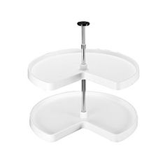 the three tiered tray is white and has two black wheels on each side,